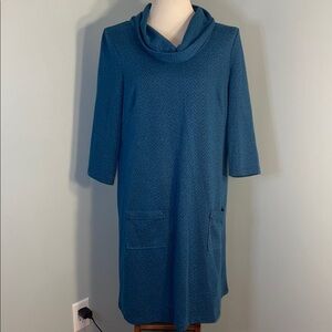 NorthStyle Blue and Black Knit Fabric 3/4 Sleeve Cowl Neck MIDI Dress. Size L.